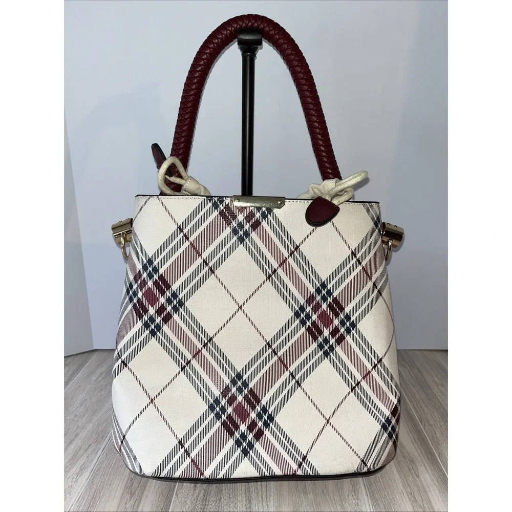 Plaid Designed Unique Top Handle Bucket Purse No Shoulder Strap
